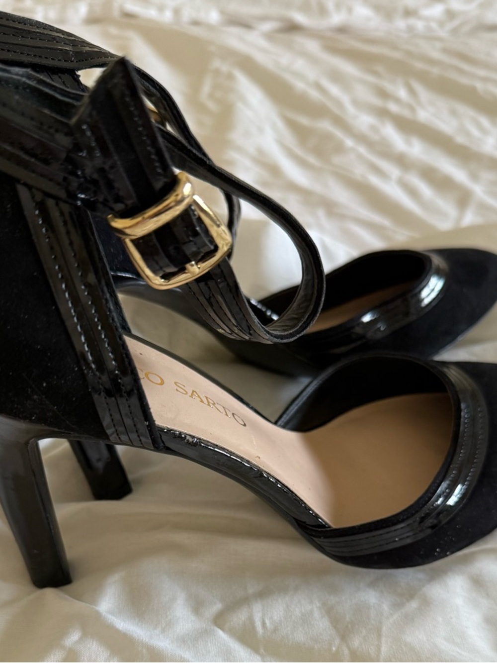 Franco Sarto Black Patent & Suede Ankle-Strap Heels with Gold Buckle